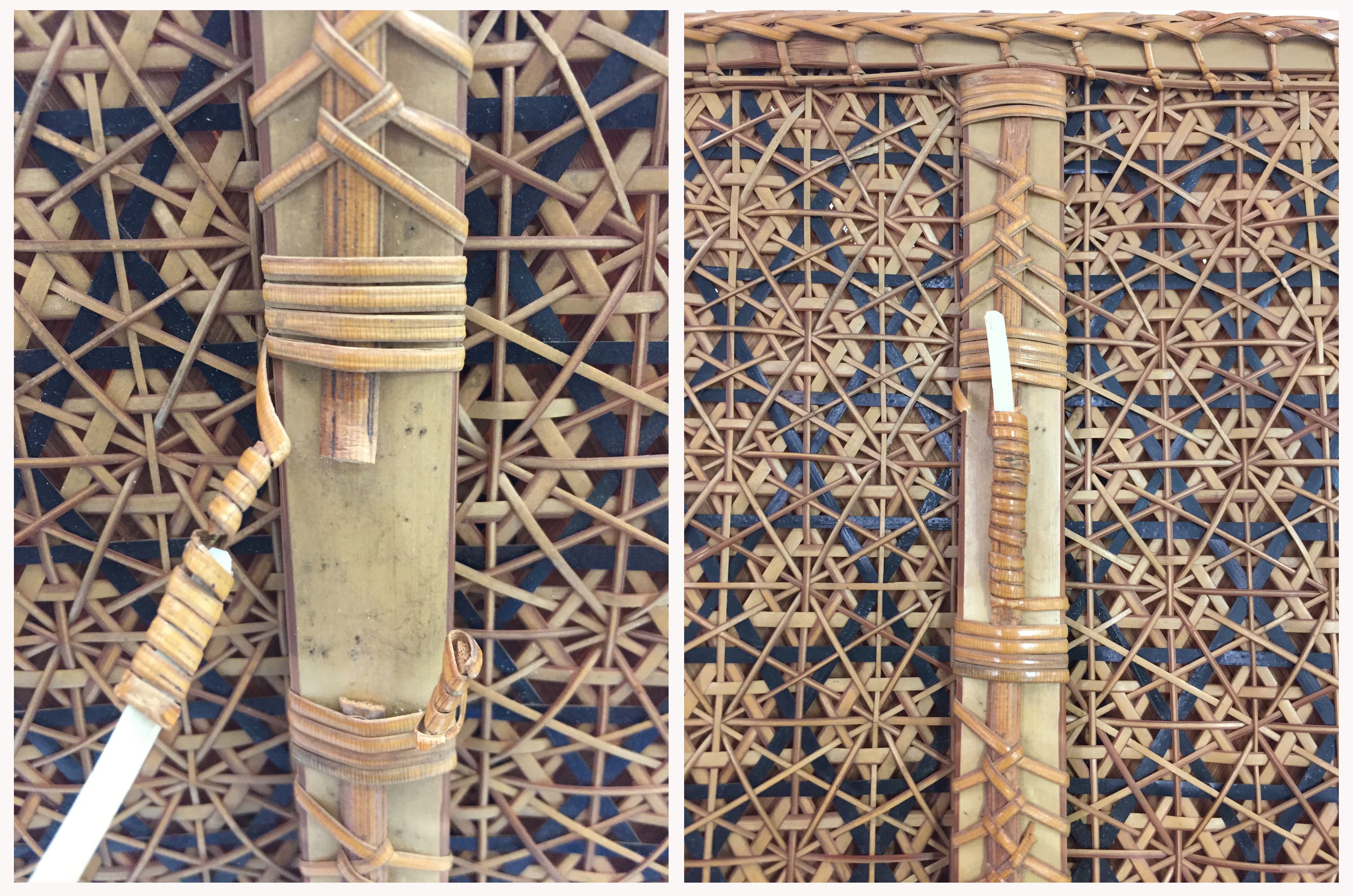 Left: Close-up, broken coil of bamboo on woven hexagonal pattern. Right: repaired and splinted coil of bamboo on woven hexagonal pattern.